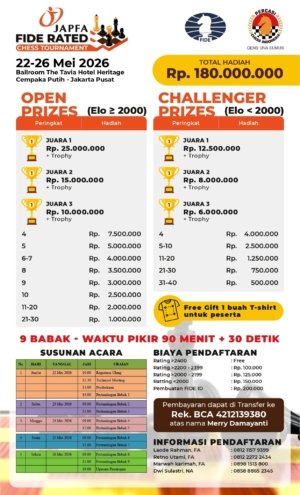 JAPFA Kembali Gelar FIDE Rated 2026, Wadah Pecatur Indonesia Kejar Gelar Internasional